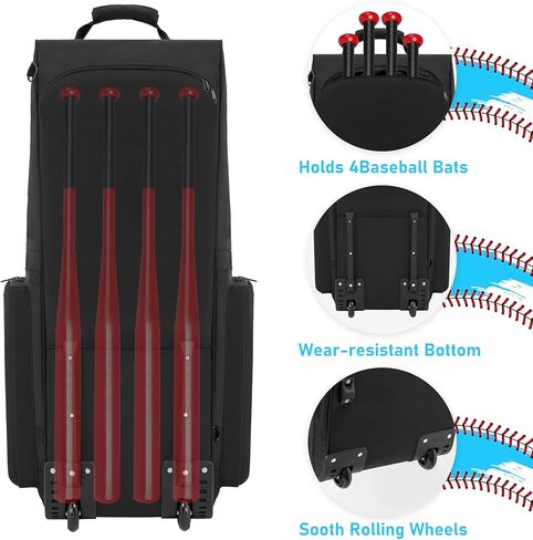 حقيبة البيسبول المتدحرجة من توريبيو، حقائب معدات البيسبول والكرة اللينة ذات العجلات، حقيبة مضرب البيسبول الرياضية للبالغين، تحمل الخفاش والخوذة والمزيد in Kuwait