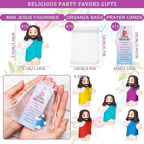 Barydat 75 Sets Mini Jesus Figurines Easter Jesus Toys Include 75 Little Jesus Figures 75 Prayer Cards 75 Organza Bags Religious Party Favors Gifts for Church Hide Sunday School Baptism(Multicolor) in Kuwait