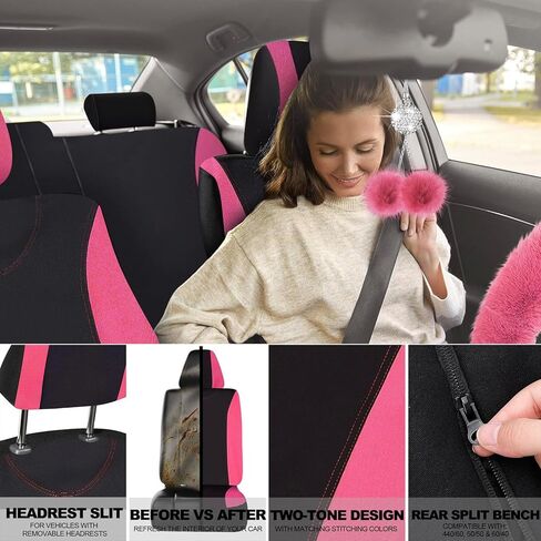 17 قطعة غطاء مقعد السيارة مجموعة كاملة من أغطية المقاعد الوردية للسيارات للنساء أغطية مقاعد السيارة الأمامية والخلفية العالمية مع غطاء عجلة القيادة الناعم الناعم غطاء مقبض ناقل الحركة غطاء السيارة المعلق in Kuwait