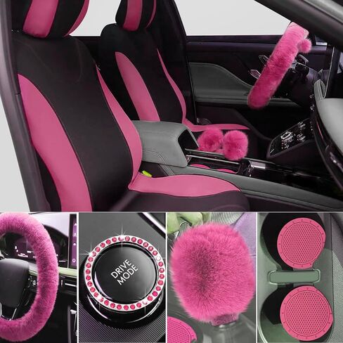 17 قطعة غطاء مقعد السيارة مجموعة كاملة من أغطية المقاعد الوردية للسيارات للنساء أغطية مقاعد السيارة الأمامية والخلفية العالمية مع غطاء عجلة القيادة الناعم الناعم غطاء مقبض ناقل الحركة غطاء السيارة المعلق in Kuwait