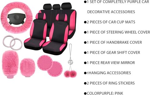 17 قطعة غطاء مقعد السيارة مجموعة كاملة من أغطية المقاعد الوردية للسيارات للنساء أغطية مقاعد السيارة الأمامية والخلفية العالمية مع غطاء عجلة القيادة الناعم الناعم غطاء مقبض ناقل الحركة غطاء السيارة المعلق in Kuwait