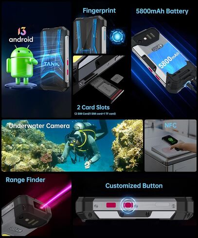 هاتف Tank Mini المتين، هاتف ذكي متين صغير الحجم 4G خارجي مقاس 4.3 بوصة مع مكتشف نطاق، ذاكرة وصول عشوائي 24 جيجابايت + ذاكرة تخزين داخلية 256 جيجابايت، هواتف محمولة مقاومة للماء تعمل بنظام Android 13، كاميرا 100 ميجابكسل + 32 ميجابكسل، 5800 مللي أمبير في ا in Kuwait