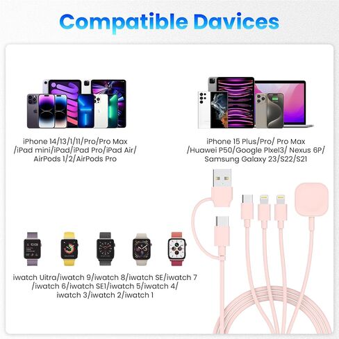 شاحن ساعة أبل 6 في 1، سلك شحن مغناطيسي 10أقدام لسلسلة iWatch SE/9/8/7/6/5، كابل شحن متعدد USB C/A إلى Lightning/Type C لهاتف iPhone 15/14/13/12/11/ برو/ماكس/جالاكسي/هواوي/بكسل in Kuwait