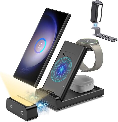 لوبنور لشاحن سامسونج اللاسلكي، قاعدة شحن 3 في 1 مع ضوء ليلي لهاتف سامسونج جالاكسي S24 الترا/S23/Z فولد 5/جالاكسي ووتش 6، قاعدة شحن لسماعات سامسونج إيربود in Kuwait