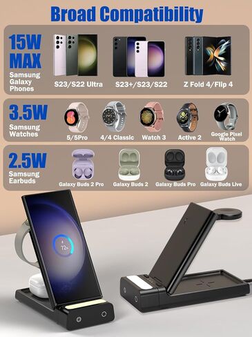 لوبنور لشاحن سامسونج اللاسلكي، قاعدة شحن 3 في 1 مع ضوء ليلي لهاتف سامسونج جالاكسي S24 الترا/S23/Z فولد 5/جالاكسي ووتش 6، قاعدة شحن لسماعات سامسونج إيربود in Kuwait
