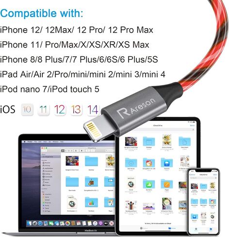 Light up iPhone Charger Cord, LED Lightning Cables 1 Pack | Apple MFi Certified | USB Fast Charging Cord for Apple iPhone 13 12 11 Pro Max XR XS X/8Plus/7Plus/6Plus/5s/iPad More (6FT, Red) in Saudi Arabia