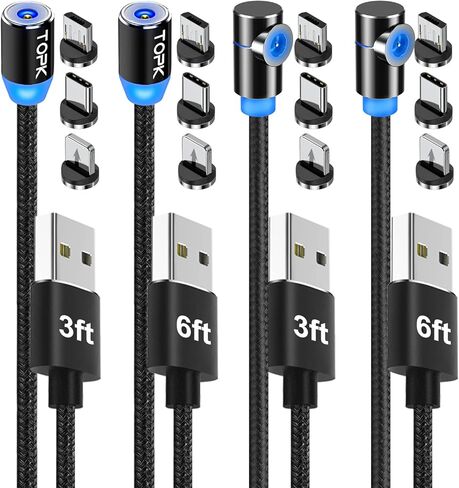 كابل شحن مغناطيسي من TOPK، 4 عبوات [3أقدام/3أقدام/6أقدام/6أقدام] 3 في 1 شاحن هاتف USB مجدول من النايلون، يدور 360 درجة متوافق مع Micro USB، النوع C، iProduct ومعظم الأجهزة in Kuwait