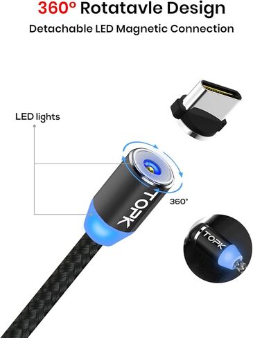 كابل شحن مغناطيسي من TOPK، 4 عبوات [3أقدام/3أقدام/6أقدام/6أقدام] 3 في 1 شاحن هاتف USB مجدول من النايلون، يدور 360 درجة متوافق مع Micro USB، النوع C، iProduct ومعظم الأجهزة in Kuwait