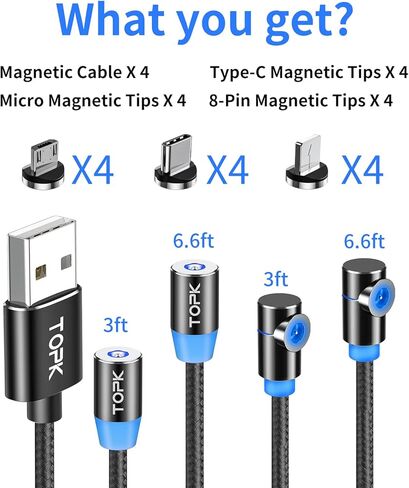 كابل شحن مغناطيسي من TOPK، 4 عبوات [3أقدام/3أقدام/6أقدام/6أقدام] 3 في 1 شاحن هاتف USB مجدول من النايلون، يدور 360 درجة متوافق مع Micro USB، النوع C، iProduct ومعظم الأجهزة in Kuwait