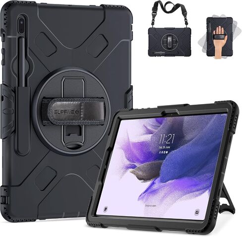 حافظة SUPFIVES لجهاز Samsung Galaxy Tab S7 FE/ S8 Plus 12.4 بوصة: [درجة عسكرية مطورة] غطاء سيليكون ناعم واقٍ لكامل الجسم - حامل ركلة - مقبض / حزام كتف - حامل قلم S - أسود in Kuwait