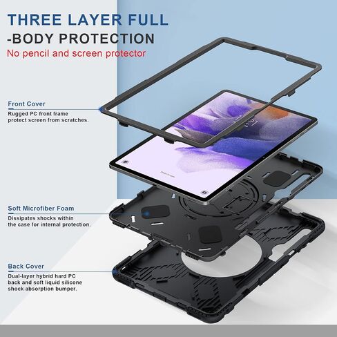 حافظة SUPFIVES لجهاز Samsung Galaxy Tab S7 FE/ S8 Plus 12.4 بوصة: [درجة عسكرية مطورة] غطاء سيليكون ناعم واقٍ لكامل الجسم - حامل ركلة - مقبض / حزام كتف - حامل قلم S - أسود in Kuwait