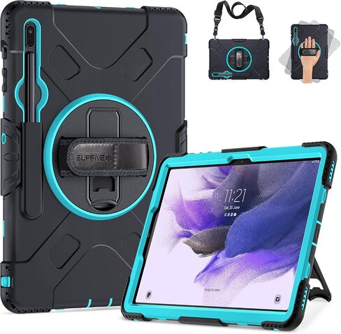 حافظة SUPFIVES لجهاز Samsung Galaxy Tab S7 FE/ S8 Plus 12.4 بوصة: [درجة عسكرية مطورة] غطاء سيليكون ناعم واقٍ لكامل الجسم - حامل ركلة - مقبض / حزام كتف - حامل قلم S - أسود in Kuwait