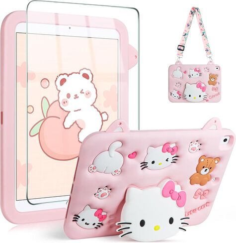 حافظة Wollony لجهاز iPad 9.7 حافظة iPad 6th الجيل الخامس مع واقي شاشة وحزام كتف لطيف على شكل قطة وغطاء من السيليكون للفتيات والأطفال لجهاز iPad Air 2th 9.7 بوصة 2018 وردي in Saudi Arabia