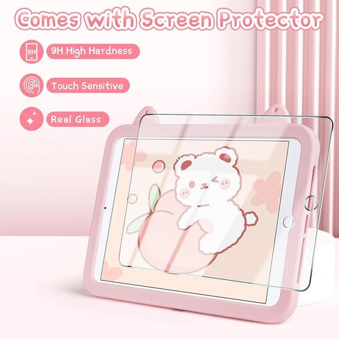 حافظة Wollony لجهاز iPad 9.7 حافظة iPad 6th الجيل الخامس مع واقي شاشة وحزام كتف لطيف على شكل قطة وغطاء من السيليكون للفتيات والأطفال لجهاز iPad Air 2th 9.7 بوصة 2018 وردي in Saudi Arabia