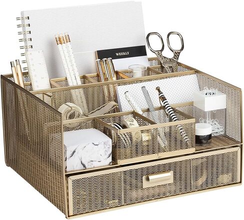 BLU MONACO Workspace Large 12 Compartments Gold Desk Organizer with Drawer– Office Supplies and Accessories Storage File Holder Desk Organization – Desk Accessories and Workspace Organizers in Saudi Arabia