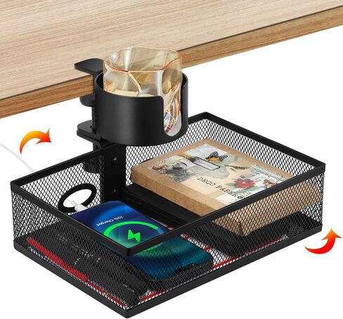درج أوجوت دوار 360 درجة تحت المكتب مع حامل أكواب، صينية تنظيم درج مكتب 2 في 1، حامل أكواب مكتب مضاد للانسكاب ورف تخزين، صندوق تخزين معدني خالٍ من الثقب لمكتب المنزل مع فتحتين للأسلاك in Kuwait