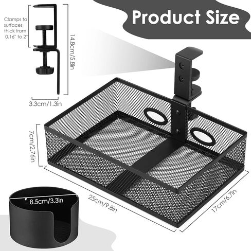 درج أوجوت دوار 360 درجة تحت المكتب مع حامل أكواب، صينية تنظيم درج مكتب 2 في 1، حامل أكواب مكتب مضاد للانسكاب ورف تخزين، صندوق تخزين معدني خالٍ من الثقب لمكتب المنزل مع فتحتين للأسلاك in Kuwait