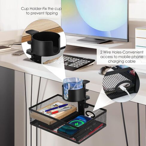 درج أوجوت دوار 360 درجة تحت المكتب مع حامل أكواب، صينية تنظيم درج مكتب 2 في 1، حامل أكواب مكتب مضاد للانسكاب ورف تخزين، صندوق تخزين معدني خالٍ من الثقب لمكتب المنزل مع فتحتين للأسلاك in Kuwait