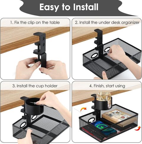 درج أوجوت دوار 360 درجة تحت المكتب مع حامل أكواب، صينية تنظيم درج مكتب 2 في 1، حامل أكواب مكتب مضاد للانسكاب ورف تخزين، صندوق تخزين معدني خالٍ من الثقب لمكتب المنزل مع فتحتين للأسلاك in Kuwait