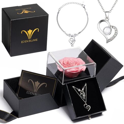Preserved Real Rose with Heart Necklace and Bracelet |Eternal Forever Flower Preserve Roses |I love You in 100 Languages |Jewelry Gifts for her for Mother's Day, Girlfriends and Special Occasions in Saudi Arabia