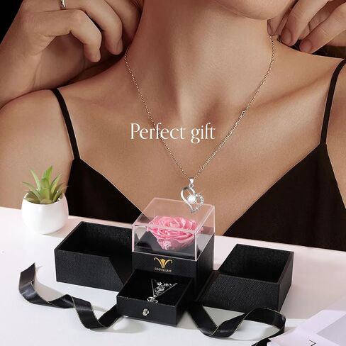 Preserved Real Rose with Heart Necklace and Bracelet |Eternal Forever Flower Preserve Roses |I love You in 100 Languages |Jewelry Gifts for her for Mother's Day, Girlfriends and Special Occasions in Saudi Arabia