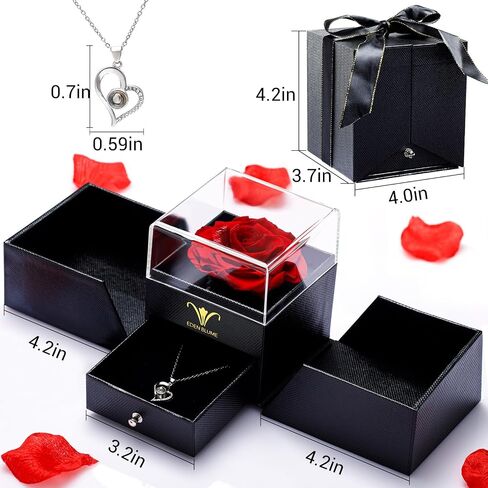 Preserved Real Rose with Heart Necklace and Bracelet |Eternal Forever Flower Preserve Roses |I love You in 100 Languages |Jewelry Gifts for her for Mother's Day, Girlfriends and Special Occasions in Saudi Arabia