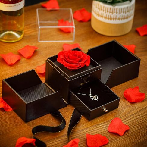 Preserved Real Rose with Heart Necklace and Bracelet |Eternal Forever Flower Preserve Roses |I love You in 100 Languages |Jewelry Gifts for her for Mother's Day, Girlfriends and Special Occasions in Saudi Arabia