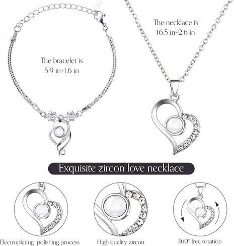 Preserved Real Rose with Heart Necklace and Bracelet |Eternal Forever Flower Preserve Roses |I love You in 100 Languages |Jewelry Gifts for her for Mother's Day, Girlfriends and Special Occasions in Saudi Arabia