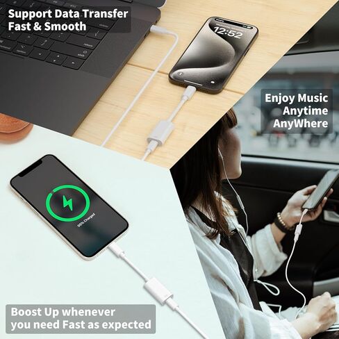 محول Jiunai USB C إلى iOS، [محول شحن] [محول سماعة الرأس] [نقل البيانات] محول شحن وصوت ذكر من النوع C إلى أنثى iOS معتمد من MFI لأجهزة iPhone 15 iPad 10th USB C in Kuwait