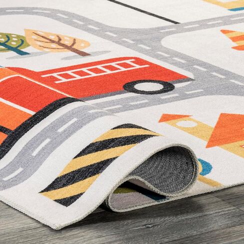 nuLOOM Carmina City Streets Machine Washable Kids Ultra Thin Area Rug, 3' x 5', White Multi in Saudi Arabia