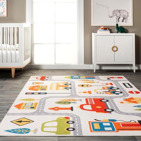 nuLOOM Carmina City Streets Machine Washable Kids Ultra Thin Area Rug, 3' x 5', White Multi in Saudi Arabia