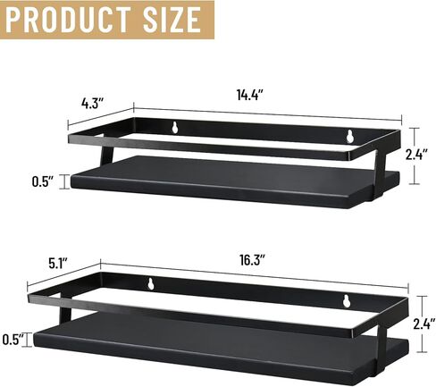 Y&ME YM أرفف عائمة سوداء منظم حائط الحمام، أرفف الحمام مثبتة على الحائط بإطار معدني أسود، أرفف خشبية عائمة للمطبخ، أرفف الحمام، مجموعة ديكور حائط مكونة من 2 in Kuwait
