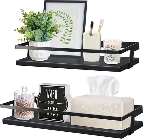 Y&ME YM أرفف عائمة سوداء منظم حائط الحمام، أرفف الحمام مثبتة على الحائط بإطار معدني أسود، أرفف خشبية عائمة للمطبخ، أرفف الحمام، مجموعة ديكور حائط مكونة من 2 in Kuwait