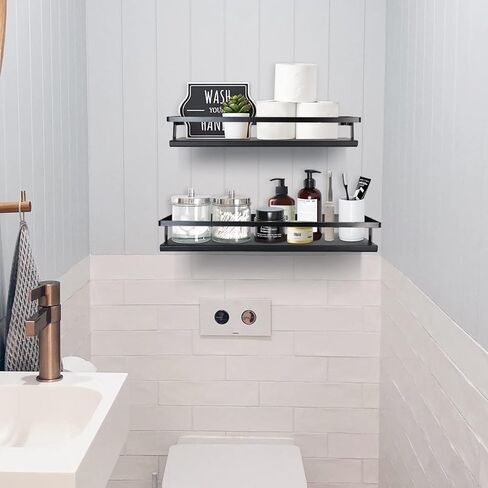 Y&ME YM أرفف عائمة سوداء منظم حائط الحمام، أرفف الحمام مثبتة على الحائط بإطار معدني أسود، أرفف خشبية عائمة للمطبخ، أرفف الحمام، مجموعة ديكور حائط مكونة من 2 in Kuwait