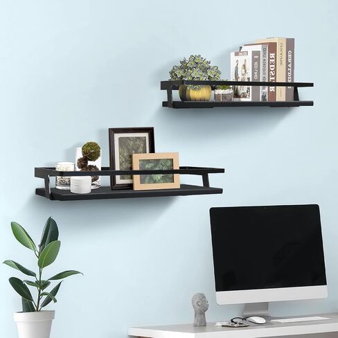 Y&ME YM أرفف عائمة سوداء منظم حائط الحمام، أرفف الحمام مثبتة على الحائط بإطار معدني أسود، أرفف خشبية عائمة للمطبخ، أرفف الحمام، مجموعة ديكور حائط مكونة من 2 in Kuwait