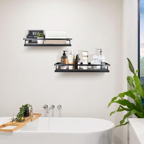 Y&ME YM أرفف عائمة سوداء منظم حائط الحمام، أرفف الحمام مثبتة على الحائط بإطار معدني أسود، أرفف خشبية عائمة للمطبخ، أرفف الحمام، مجموعة ديكور حائط مكونة من 2 in Kuwait