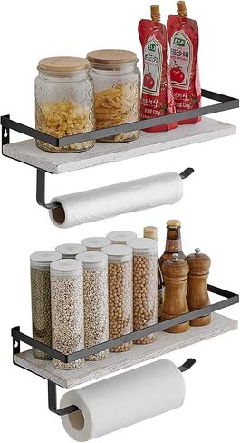 BESy Floating Shelves Wall Mounted Storage Shelves with Towel Rack Rails Bar, Paper Towel Holder with Shelf for Kitchen, Bathroom Tissue Roll Hanger, Matte Black Metal Frame, Set of 2 Black in Saudi Arabia