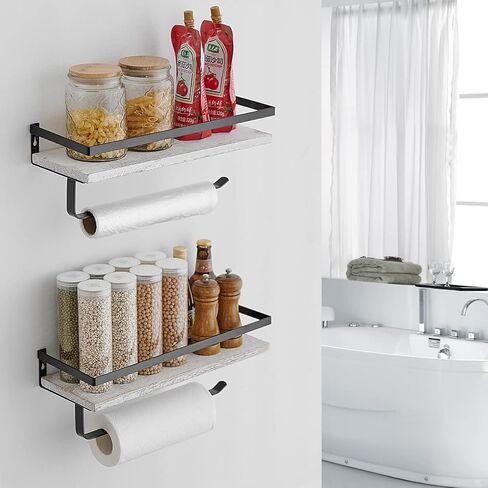 BESy Floating Shelves Wall Mounted Storage Shelves with Towel Rack Rails Bar, Paper Towel Holder with Shelf for Kitchen, Bathroom Tissue Roll Hanger, Matte Black Metal Frame, Set of 2 Black in Saudi Arabia