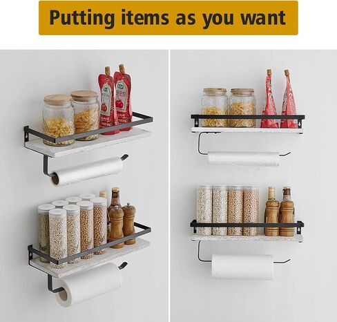 BESy Floating Shelves Wall Mounted Storage Shelves with Towel Rack Rails Bar, Paper Towel Holder with Shelf for Kitchen, Bathroom Tissue Roll Hanger, Matte Black Metal Frame, Set of 2 Black in Saudi Arabia