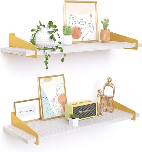 upsimples Wall Shelves for Decor, Long Black Gold Floating Shelves Wall Mounted Set of 2, Sturdy Rustic Wood Shelves Hanging for Bedroom, Living Room, Bathroom, Kitchen, Corner, Book Storage 23.6inch in Saudi Arabia