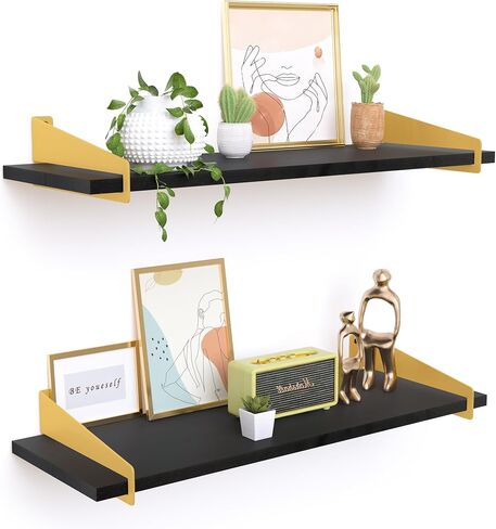 upsimples Wall Shelves for Decor, Long Black Gold Floating Shelves Wall Mounted Set of 2, Sturdy Rustic Wood Shelves Hanging for Bedroom, Living Room, Bathroom, Kitchen, Corner, Book Storage 23.6inch in Saudi Arabia