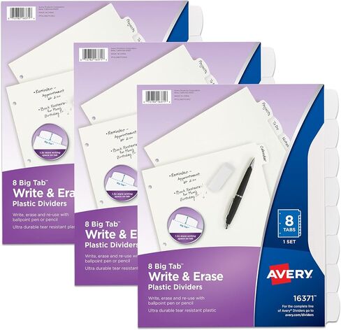 فواصل بلاستيكية متينة للكتابة والمسح من Avery Big Tab لـ 3 مجلدات حلقية، مجموعات 8 علامات تبويب، أبيض، 3 مجموعات فواصل مجلد (01743) in Saudi Arabia