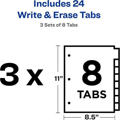 فواصل بلاستيكية متينة للكتابة والمسح من Avery Big Tab لـ 3 مجلدات حلقية، مجموعات 8 علامات تبويب، أبيض، 3 مجموعات فواصل مجلد (01743) in Saudi Arabia