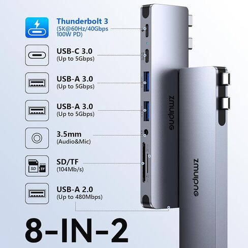 USB C Hub Adapter for MacBook Pro Air M1 M2 M3 2023 2022 2021 Type C MacBook Dongle 8-in-2 Multiport Hub with 5K Thunderbolt 3, 5Gbps USB-C 2*USB 3.0, 480Mbps USB 2.0, 3.5MM Audio, SD/TF Card Reader in Saudi Arabia