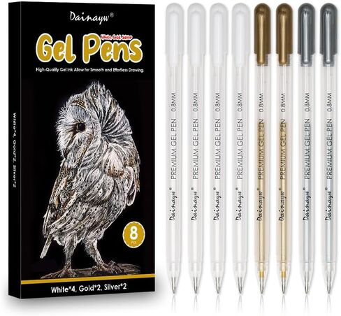 dainayw White Gel Pen Set, 0.8 mm Nibs Gel Ink Pens, Also includes Gold and Silver, White Rollerball Pens for Black Paper Drawing, Sketching, Illustration Design, Pack of 8 in Kuwait