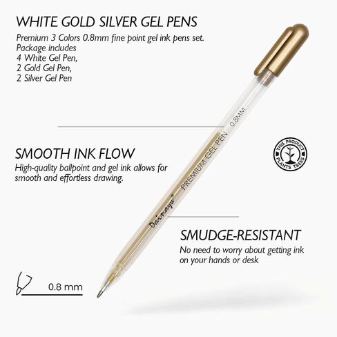 dainayw White Gel Pen Set, 0.8 mm Nibs Gel Ink Pens, Also includes Gold and Silver, White Rollerball Pens for Black Paper Drawing, Sketching, Illustration Design, Pack of 8 in Kuwait