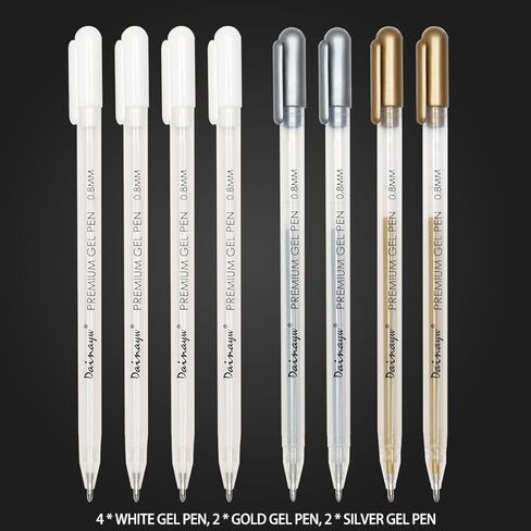 dainayw White Gel Pen Set, 0.8 mm Nibs Gel Ink Pens, Also includes Gold and Silver, White Rollerball Pens for Black Paper Drawing, Sketching, Illustration Design, Pack of 8 in Kuwait