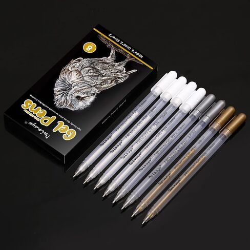 dainayw White Gel Pen Set, 0.8 mm Nibs Gel Ink Pens, Also includes Gold and Silver, White Rollerball Pens for Black Paper Drawing, Sketching, Illustration Design, Pack of 8 in Kuwait
