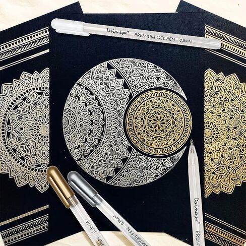 dainayw White Gel Pen Set, 0.8 mm Nibs Gel Ink Pens, Also includes Gold and Silver, White Rollerball Pens for Black Paper Drawing, Sketching, Illustration Design, Pack of 8 in Kuwait