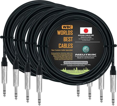 WORLDS BEST CABLES 4 Units - 20 Foot - Balanced TRS Patch Cable Custom Made Using Mogami 2549 (Black) Wire and Neutrik NP3X TRS Stereo Plugs in Saudi Arabia